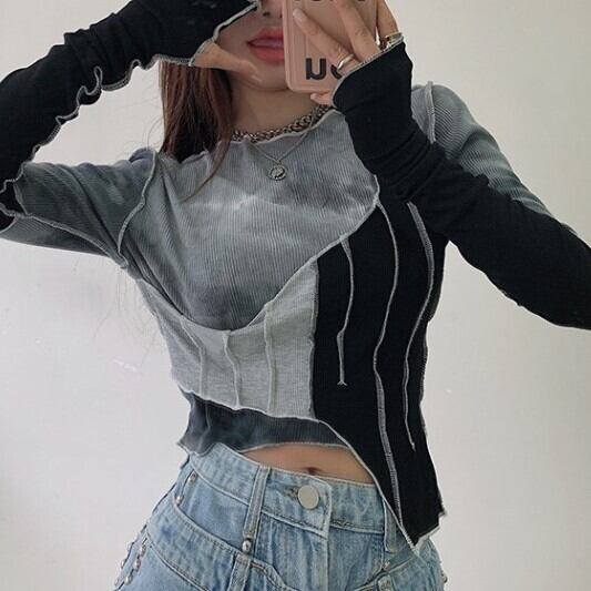 トップス レディース Tシャツ カットソー 切りっぱなし アシンメトリー 長袖 クルーネック スリム タイト 細身 切り替え パッチワーク かわいい 大人可愛い カジュアル おしゃれ かっこいい クール モード系 ストリート セクシー おとな 送料無料 スポーティー ガーリー 個性的 モダン 学生 通学 デート お出かけ 女子会 運動 ヨガ パーティー イベント コンサート ライブ フリーサイズ 春 夏 10代 20代 ママ 韓国系 着回し 普段使い ファッション コーデ スタイル モテ トレンド 流行
