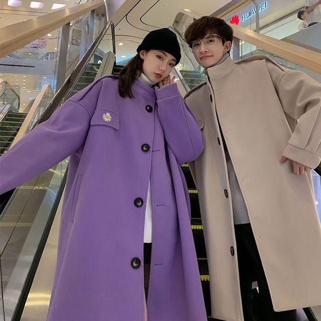 【予約販売】チェスターコート ステッチ アウター ロング丈 メンズ ユニセックス ブラック パープル ベージュ 防寒 お洒落 こなれ感 ベーシック 秋冬 大きいサイズ S/M/L/XL/2XL