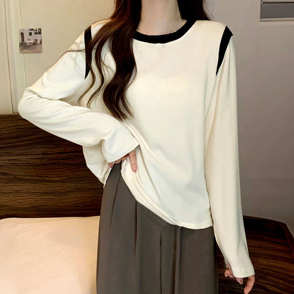 バイカラー Tシャツ レディース 春秋 韓国 長袖 トップス きれい