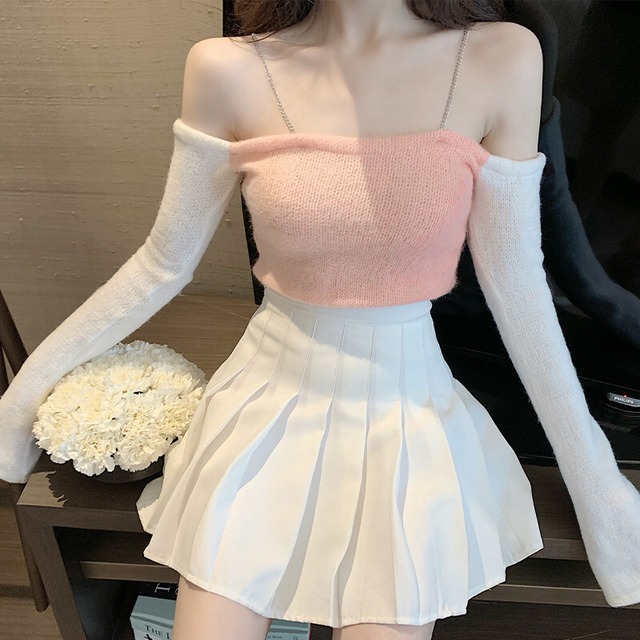 チェーン ニットセーター オータムハイウェストプリーツスカート レディース ロング 秋物 ピュア ガールズファッション86307070245