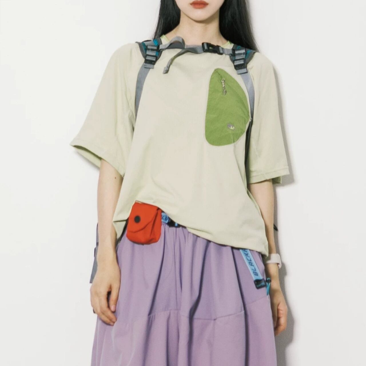 カラーブロックパッチポケットルーズTシャツ C01327