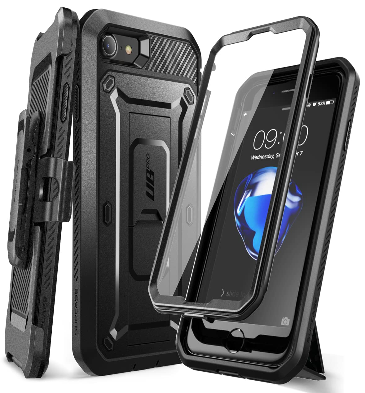 【努力特価】SUPCASE iPhone SE3(第3世代) 2022 SE(第2世代) /iPhone8 /iPhone7 ケース 対応 2020 新しいカバー 液晶保護フィルム と腰かけクリップ付き 米国軍事規格取得 耐衝撃 防塵 二重保護 UBProシリーズ 黒い