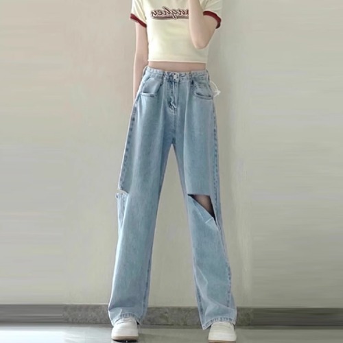 デニムパンツ レディース ボトムス デニム ジーンズ ダメージ加工 ストレートパンツ ハイウエスト ジーパン ジッパー ポケット カジュアル お出かけ おしゃれ デニム ロングパンツ ファッション