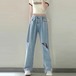 デニムパンツ レディース ボトムス デニム ジーンズ ダメージ加工 ストレートパンツ ハイウエスト ジーパン ジッパー ポケット カジュアル お出かけ おしゃれ デニム ロングパンツ ファッション