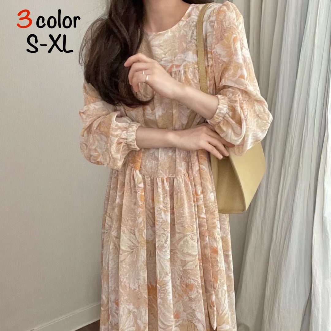 ワンピース シフォンワンピース シフォン ロングスカート ロング丈 レディース 長袖 ラウンドネック プルオーバー 花柄 ハイウエスト スリム 清楚 上品 フェミニン 大人女子 大人かっこいい お洒落 エレガント 春 ピンク イエロー 黄色 グレー 灰色 S M L XL 20代 30代 普段使い 日常使い お出かけ 女子会 休日 大人 コーデ コーディネート 韓国 ファッション オルチャン お取り寄せ 送料無料 hll-0380