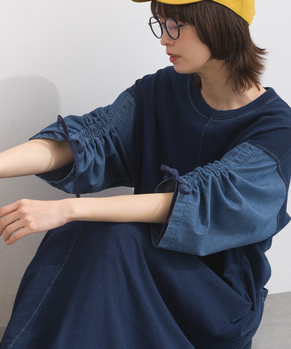 J261096 袖シャーリングデニム切替ワンピース / Shirring Sleeve Denim