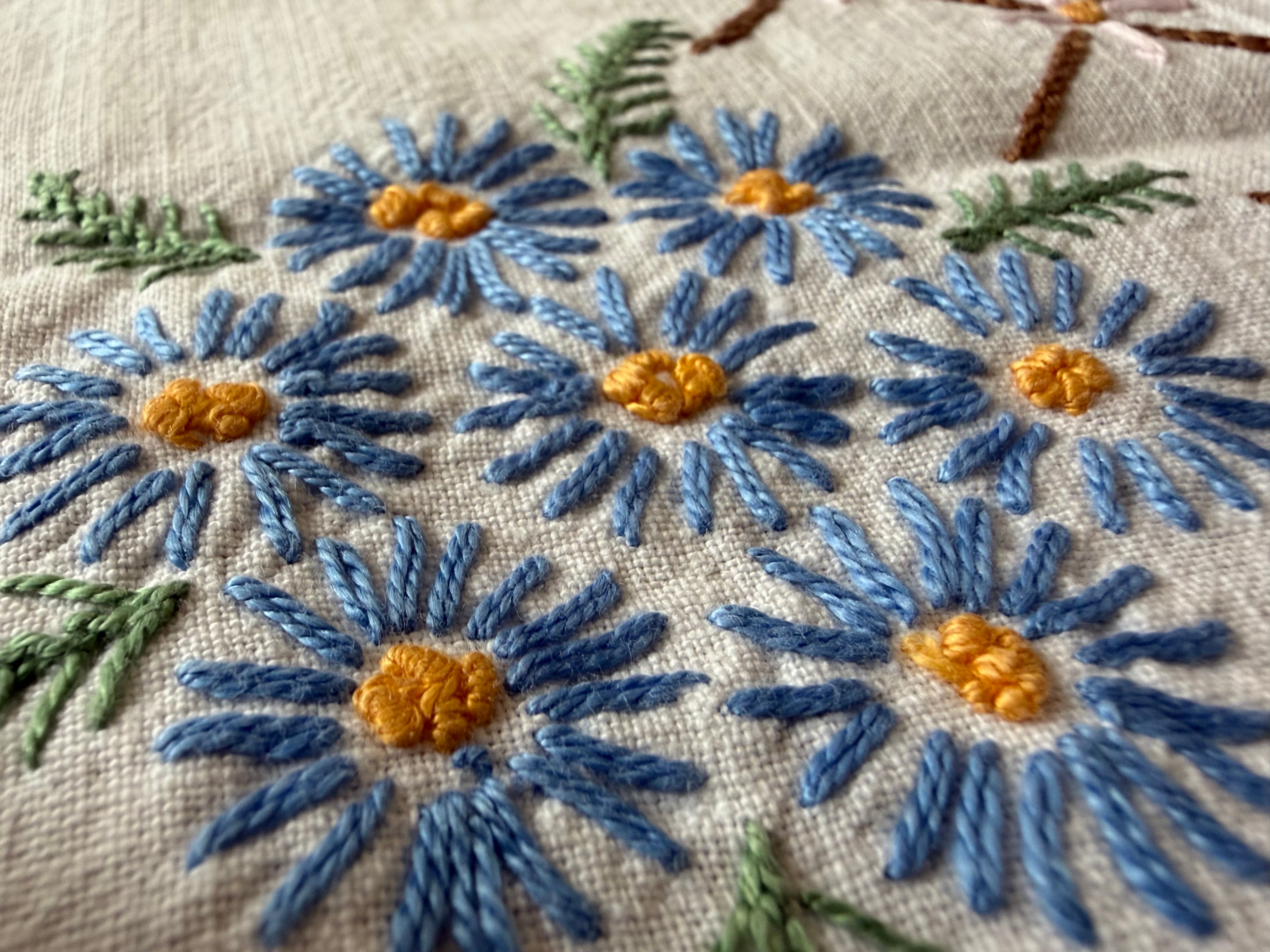 フランスアンティーク テーブルクロス 花柄刺繍 ブルー 送料無料】フランスアンティーク テーブルクロス（64×62cm） 花柄刺繍