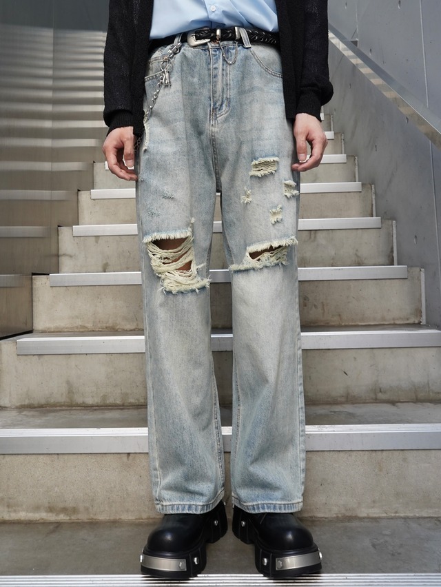【ALUDE SELECT】semi wide damage wash denim