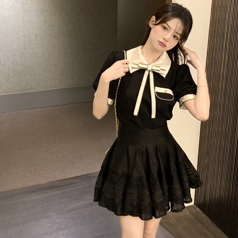 カラーリボンショートトップス スタンダードレースAラインスカート オータム レトロ ストリート 秋物 ステッチ ガールズファッション87213489269