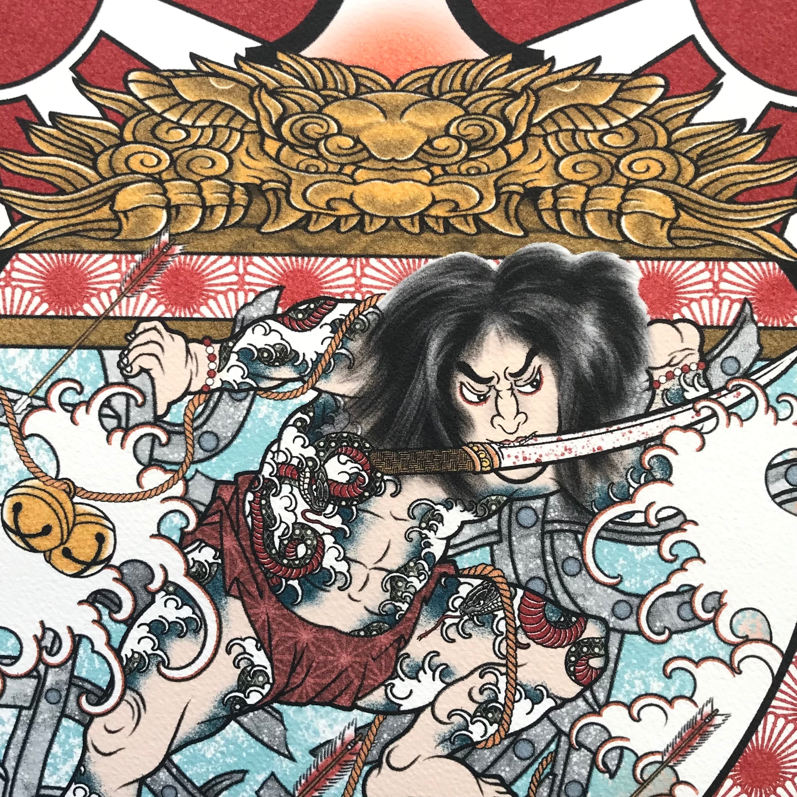 尾九 カスタム浮世絵 水滸伝 張順 水門破りの図 A3サイズ フレーム付き