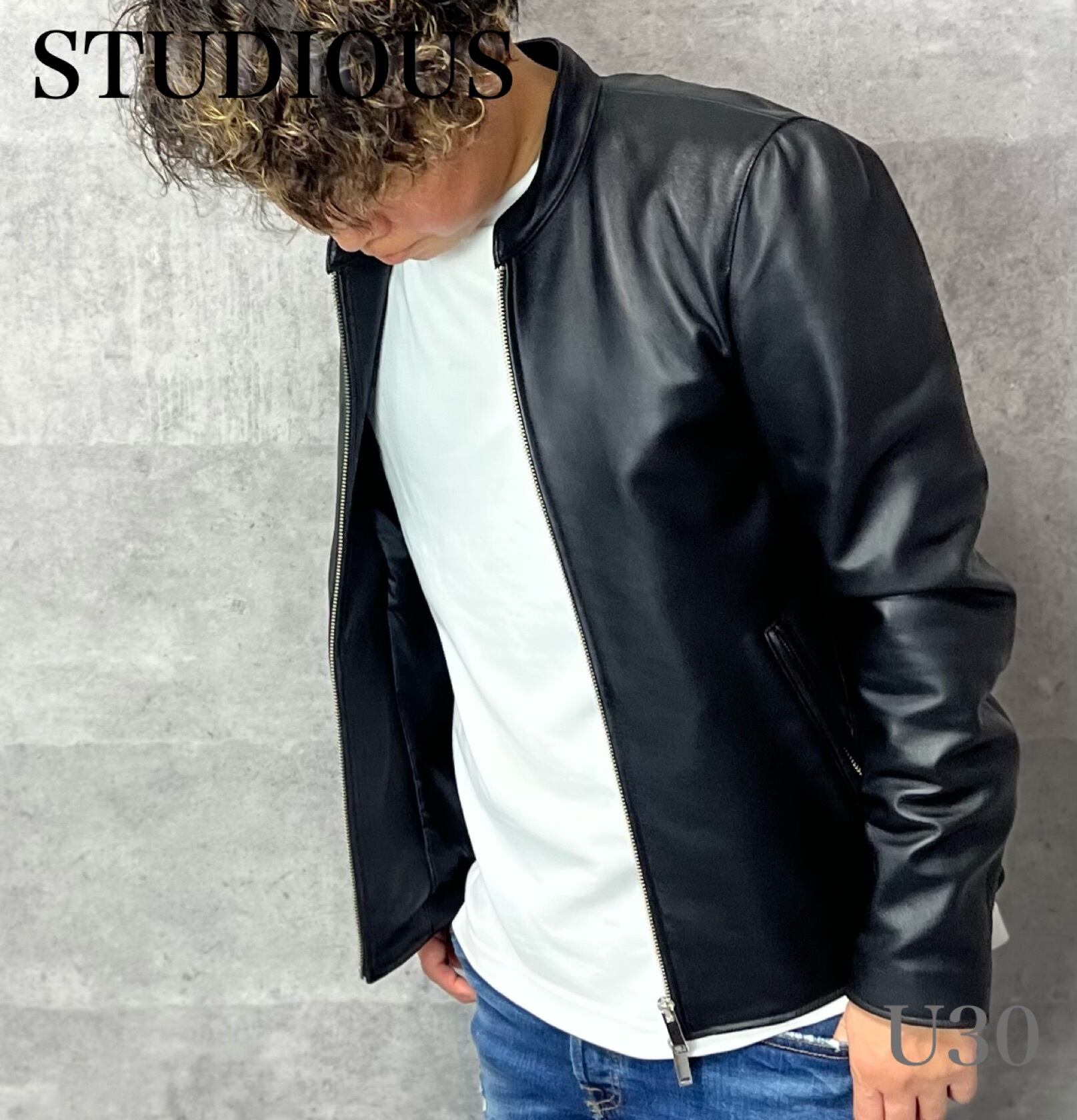 ステュディオス STUDIOUS ラムレザー シングルライダース ジャケット ラム革 羊革 黒 2 ■ U30 【USED】