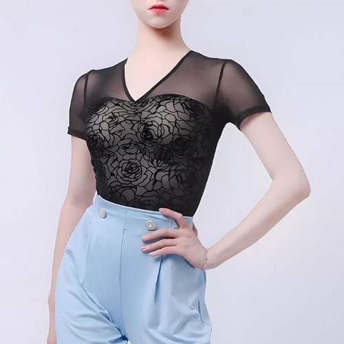 シアーメッシュ ローズフロッキー Vネック レオタードトップス 1col　D00804