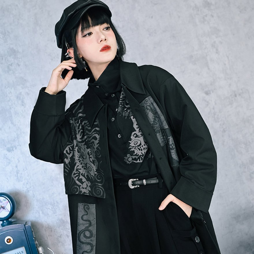 中華ゴシック 長袖シャツ スタンドカラー プリント柄 古怪舎