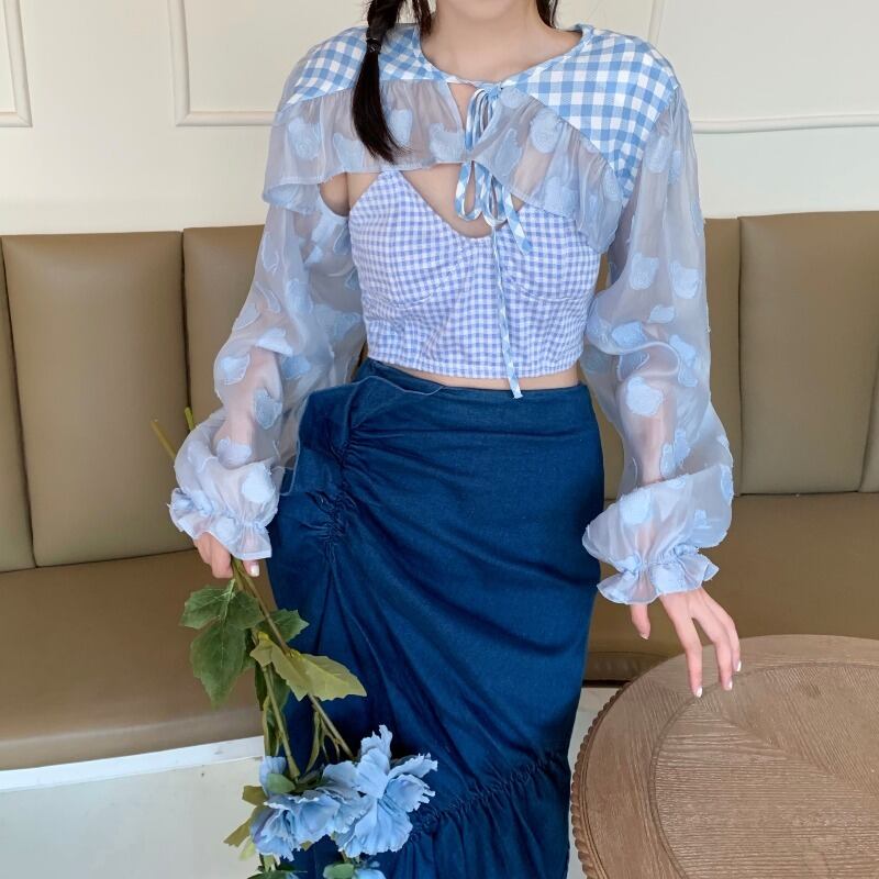 ルーズパフスリーブ不規則なプリントTシャツレディース秋の長袖メッシュショール2020スーパーショートトップ ブラックストロベリース99570338817