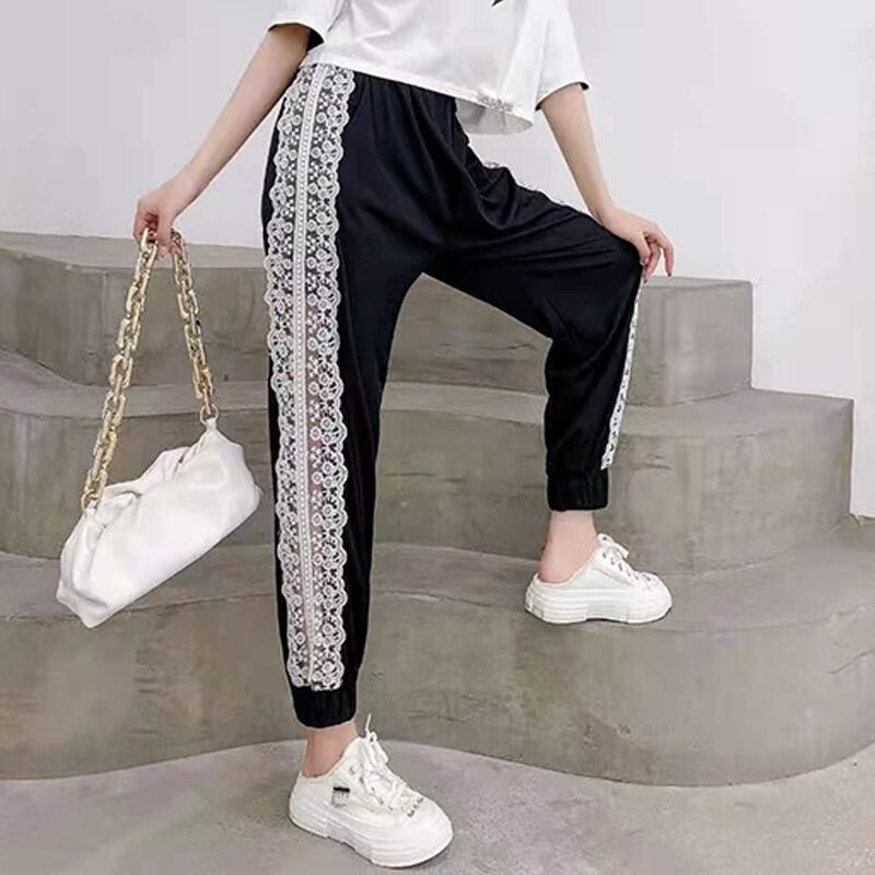 カジュアルストレッチウェストサイドレース エラスティック 伸縮 大きめサイズ ステッチ ミックスインファッション35093270890