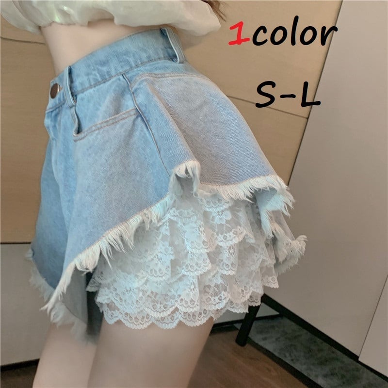 デニムパンツ レディース パンツ ミニ ショート レース 異素材 ミックス MIX デニム 可愛い かわいい お洒落 おしゃれ オシャレ ハイセンス トレンドアイテム 10代 20代 春 夏 大人 コーデ コーディネート 韓国 ファッション オルチャン お取り寄せ 送料無料 hll-0037