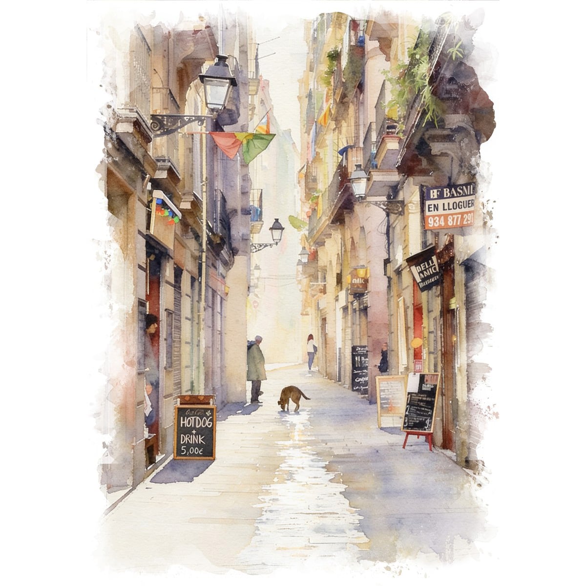 絵画 風景画(街並み) スペイン バルセロナの路地 インテリアアート額