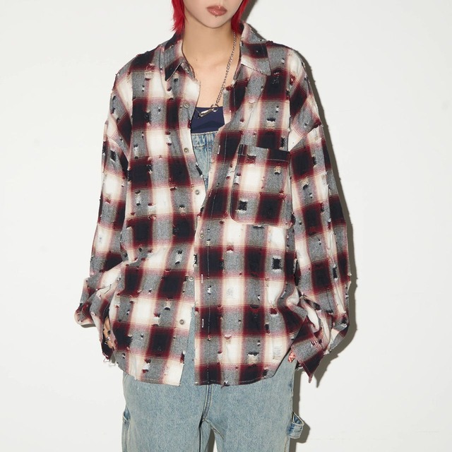 ダメージチェックシャツ【M/L/XL】B0424