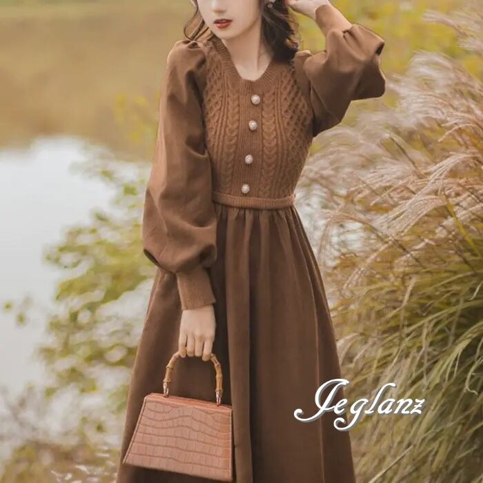 上品 ニット ワンピース ドレス パール Aライン きれいめ シンプル(MA898)γ