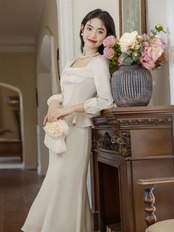 【0248】Frill Square Neck Lantern Long Sleeve Dress