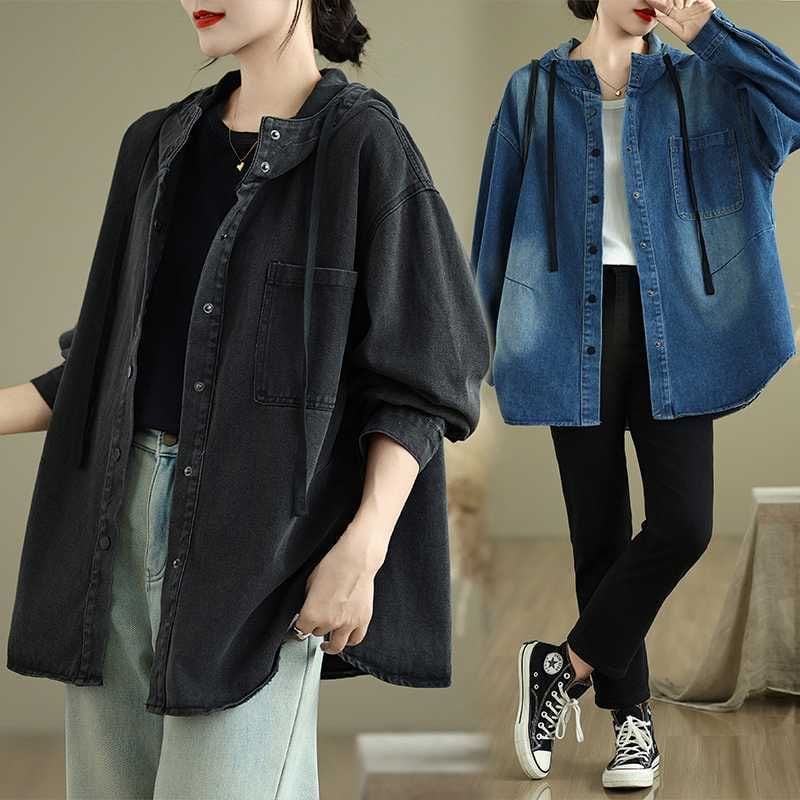 HOODED SNAP BUTTON DENIM SHIRT JACKET 2colors M-16053