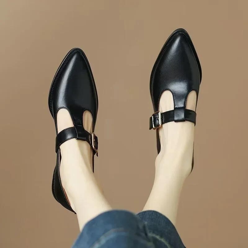 女性のための丸いつま先のフラットシューズ,浅い口,Marirjane,簡潔,アンクルストラップ,バックル,女性のフラットシューズ,新しいファッション,2024