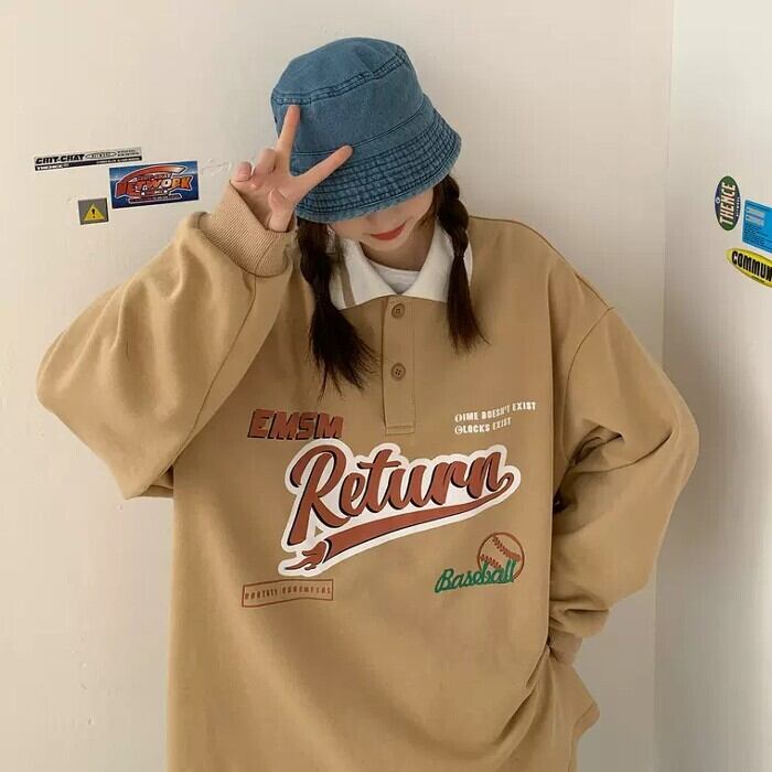 今っぽ ビッグシルエット ゆるダボ ポロシャツ トレーナー トップス 襟付き 韓国っぽ レトロ ストリート カジュアル ゆったり ボーイッシュ メンズライク Lamitte Deco トレンド 韓国ファッション ショップ Base店