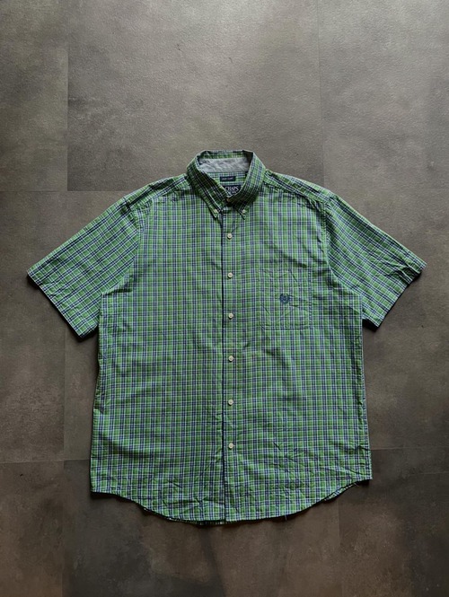 CHAPS 半袖 チェックシャツ ボタンダウン 刺繍ロゴ L グリーン系