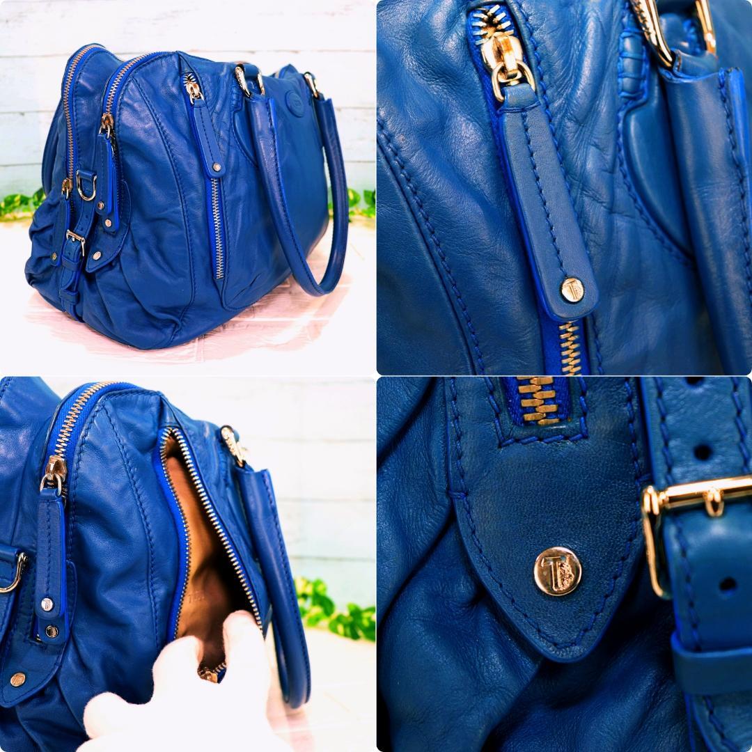 Tod's ハンドバッグ 青 レザー ボストン型 ジップ開閉 大容量 ほぼ未