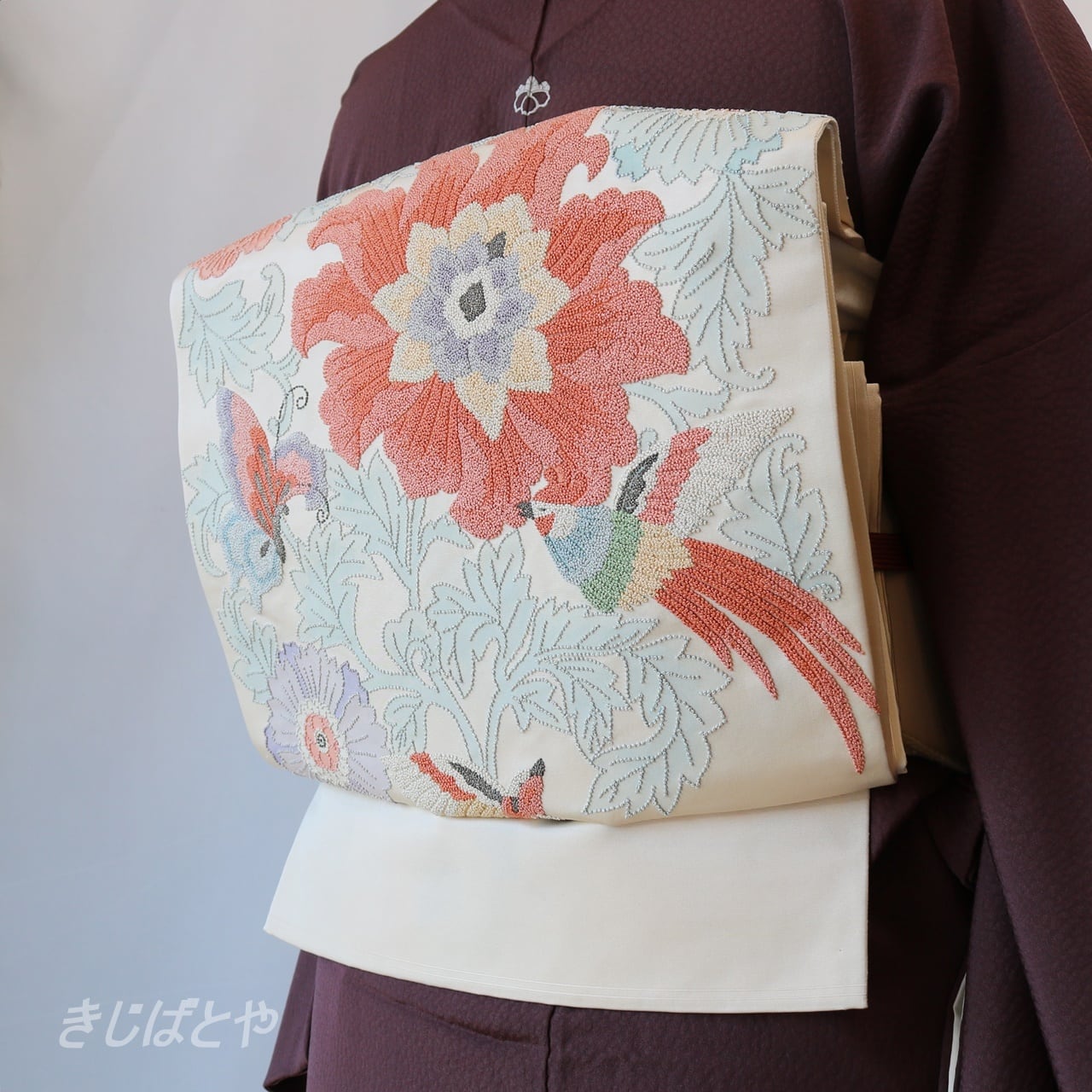 正絹　帯　松　梅　刺繍返品は受け付けておりません