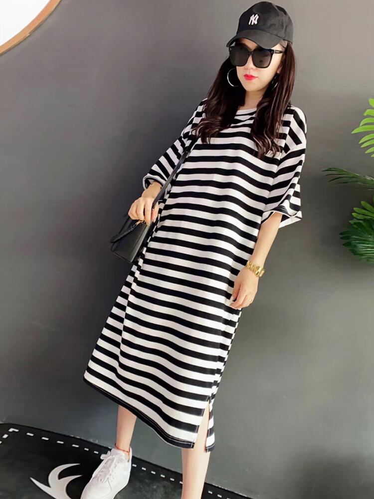 ラウンドネックストライプルーズロングドレス ストリート 大きめサイズ Oネック ミックスインファッション24997756498