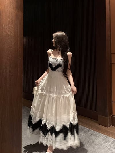 【韓国発】バイカラーハイウェストキャバドレス プチプラドレス》バイカラーレースロングドレスキャバドレス
