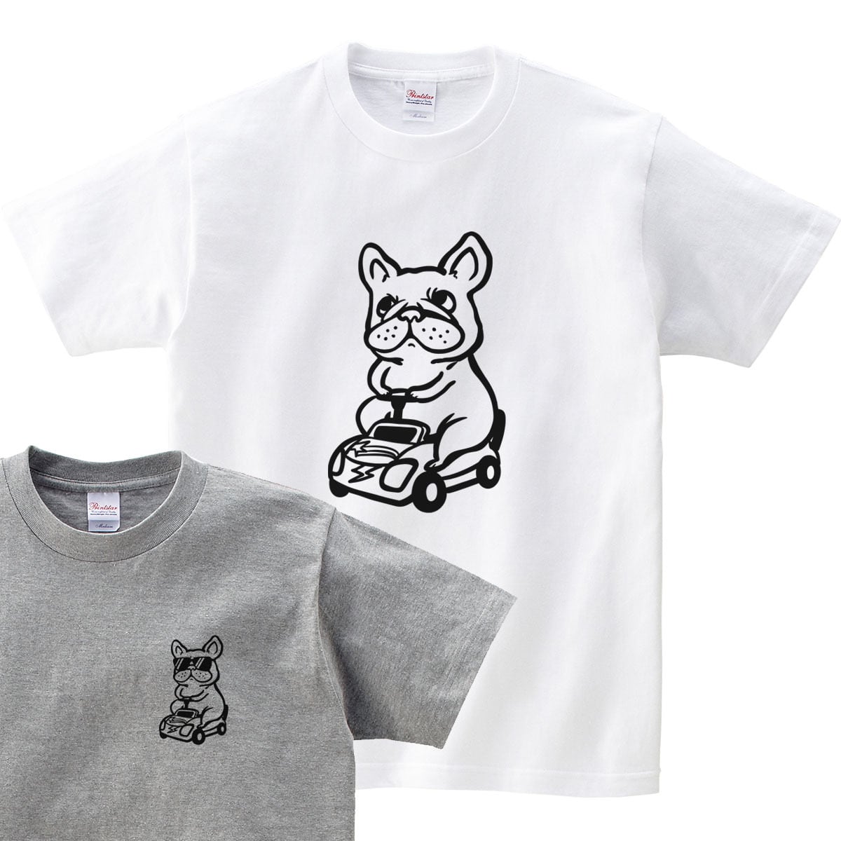 選べるデザイン ミニカーとワンコ Tシャツ dog89 犬 自動車 遊び パグ・フレンチブルドッグミニチュアダックス 好き 服 ゆるい イラスト