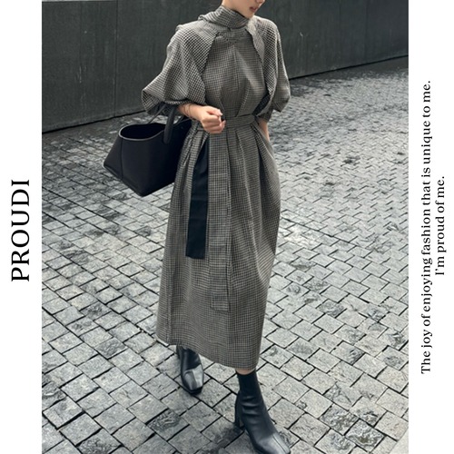【グレンチェック柄ハイネックミモレ丈ワンピース】P01276