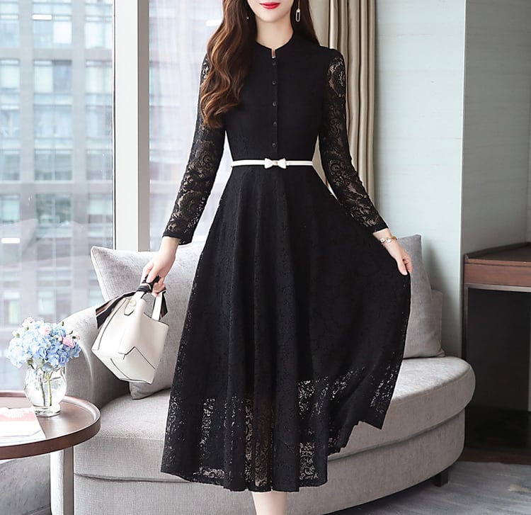 ドレス パーティードレス パーティドレス 発表会ドレス 膝下 ミモレ ミモレ丈 袖あり 長袖 Aライン レース 刺繍 ハイウエスト 透け感 大人可愛い きれいめ 上品 おしゃれ お洒落 アジアン 大人可愛い セクシー エレガント 主役級 存在感 ゴージャス 柄 花柄 小花柄 フラワー ボタニカル 10代 20代 30代 レディース 女性用 デート イベント 発表会 撮影 ラウンジ サイズ M L XL 2XL 3XL 大きいサイズ 色展開 黒 ブラック 大人カラー ブルーグレー くすみカラー