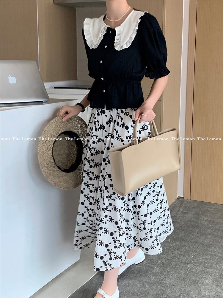 カラー半袖スリーブシャツ トップス ストレッチウェストAラインスカート ショート ハーフスリーブ エラスティック 伸縮 ビッグFスモールZ韓国24140571968