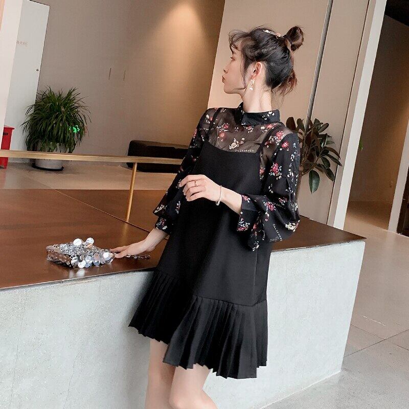 【新作】【送料無料】 8106＃マタニティ服春秋薄い花柄プリーツコットン長袖ゆったりとしたスタイリッシュなツーピースドレス妊婦 ロング スプリング 春物 オータム 秋物 AL expec34689370885