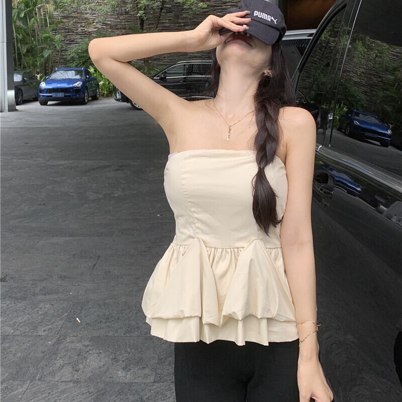 トップス サマースタンダードソリッド カラーバックレスノースリーブ レトロ 夏物 ソリッドカラー ガールズファッション18084717430