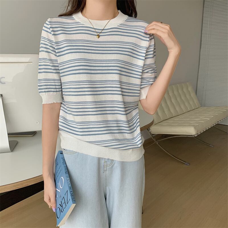 送料無料 ストライプ半袖 Tシャツ女性ルーズ Tシャツ O ネック Tシャツ