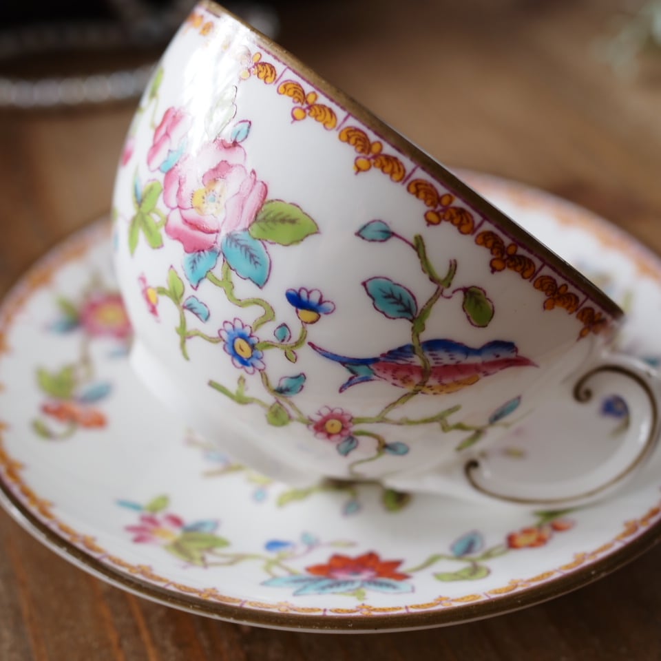 希少コールポート 英国アンティーク 花鳥図 カッコウ トリオ カップ