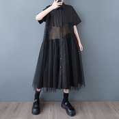 メッシュ チュール 切替 モードワンピース  30067