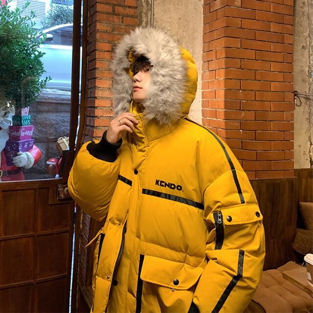 【予約販売】ダウンジャケット アウター ショート丈 シンプル フード付 ファー 防寒 メンズ ブラック イエロー ホワイト 防寒 お洒落 こなれ感 ベーシック 秋冬 大きいサイズ M/L/XL/2XL