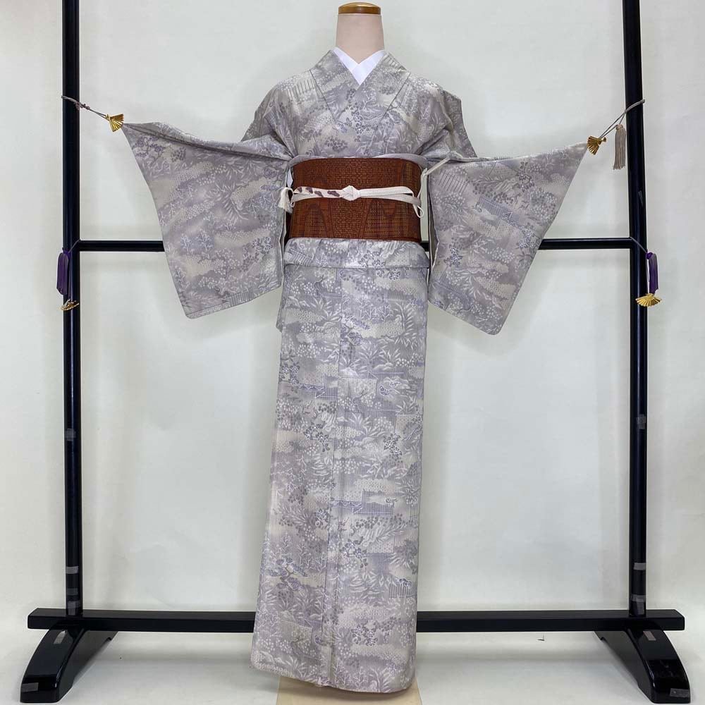 単衣証紙大島紬フルセット4点 着物+帯+帯締め+帯揚げ 新品 美品 裄67  