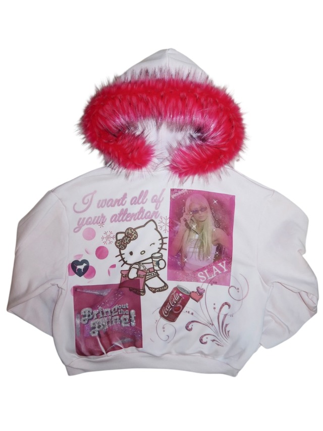 Printed Paris Fur Hoodie  pink y2k