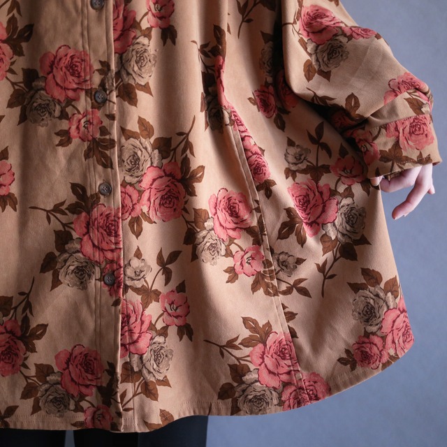 flower art full pattern over size  wide silhouette fake suede shirt jacket