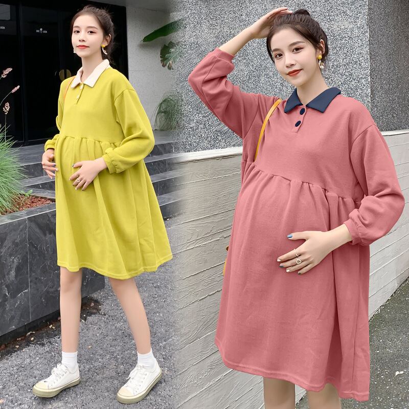 【新作】【送料無料】 マタニティウェア2020秋/冬の新しいセーターステッチラペルドレス、年齢を減らすミドル丈のファッションマタニティドレス-アリババ オータム 秋物 ウィンター 冬物 expec25817823797