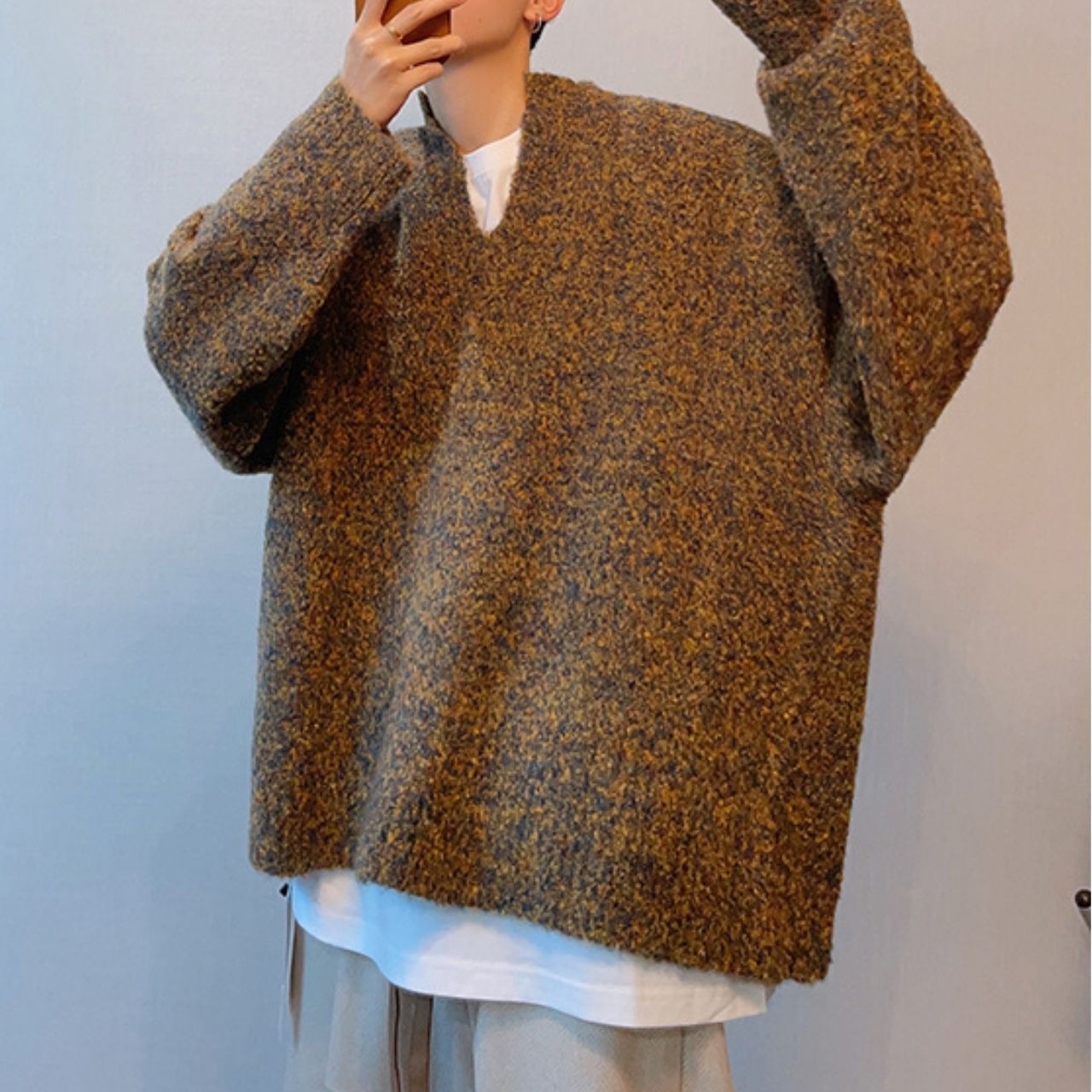 カラーミックスV ネックオフショルダーニット　1043