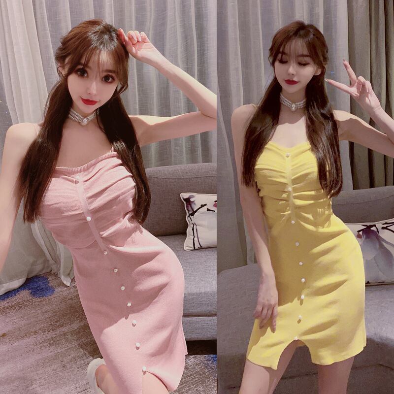 【新作】【送料無料】 2023 夏日本と韓国語バージョンセクシーなニットビーズベストミッドレングスサスペンダースカートスリムヒップラップドレス 4732 0331260235287