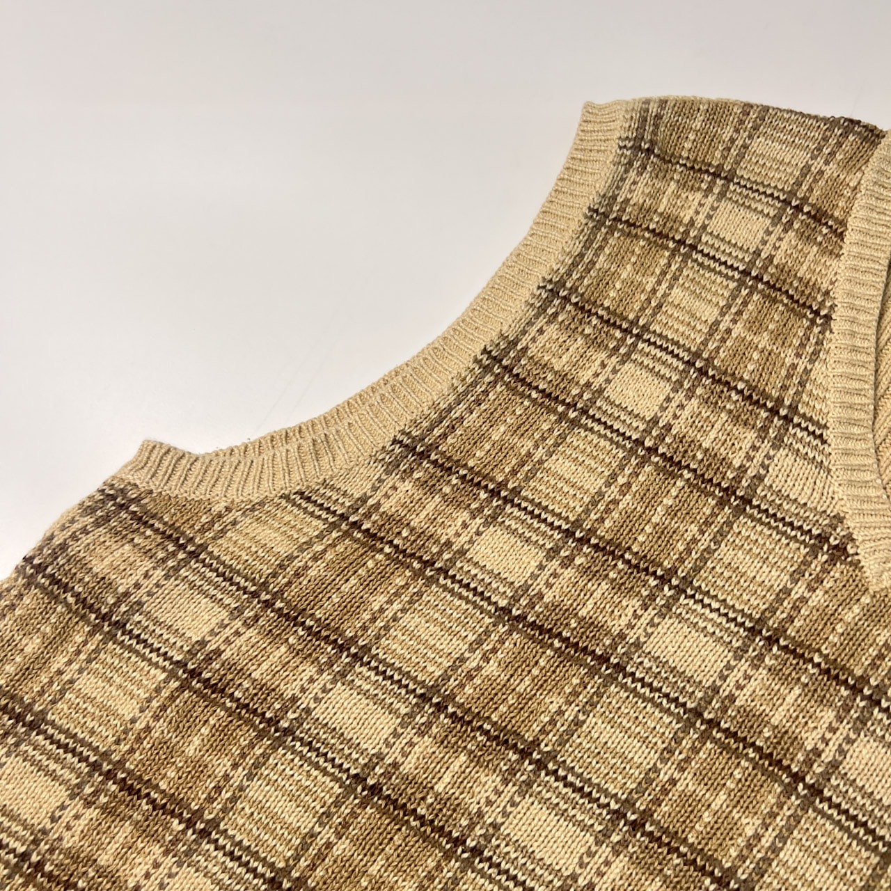 Polo by Ralph Lauren ポロラルフローレン リネン&シルク混 チェック柄 Vネック コットンニットベスト M/ベージュ/ビンテージ