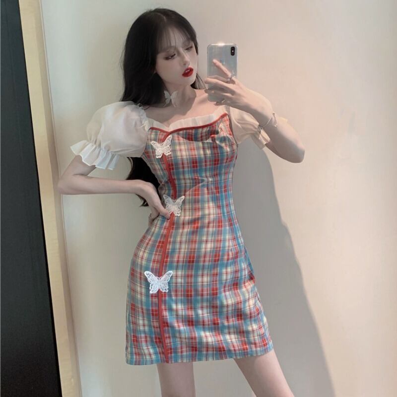 ショートスカート スタンダード格子柄スリーブスリムドレス レディース リボン レトロ ハンチェンe77695873650